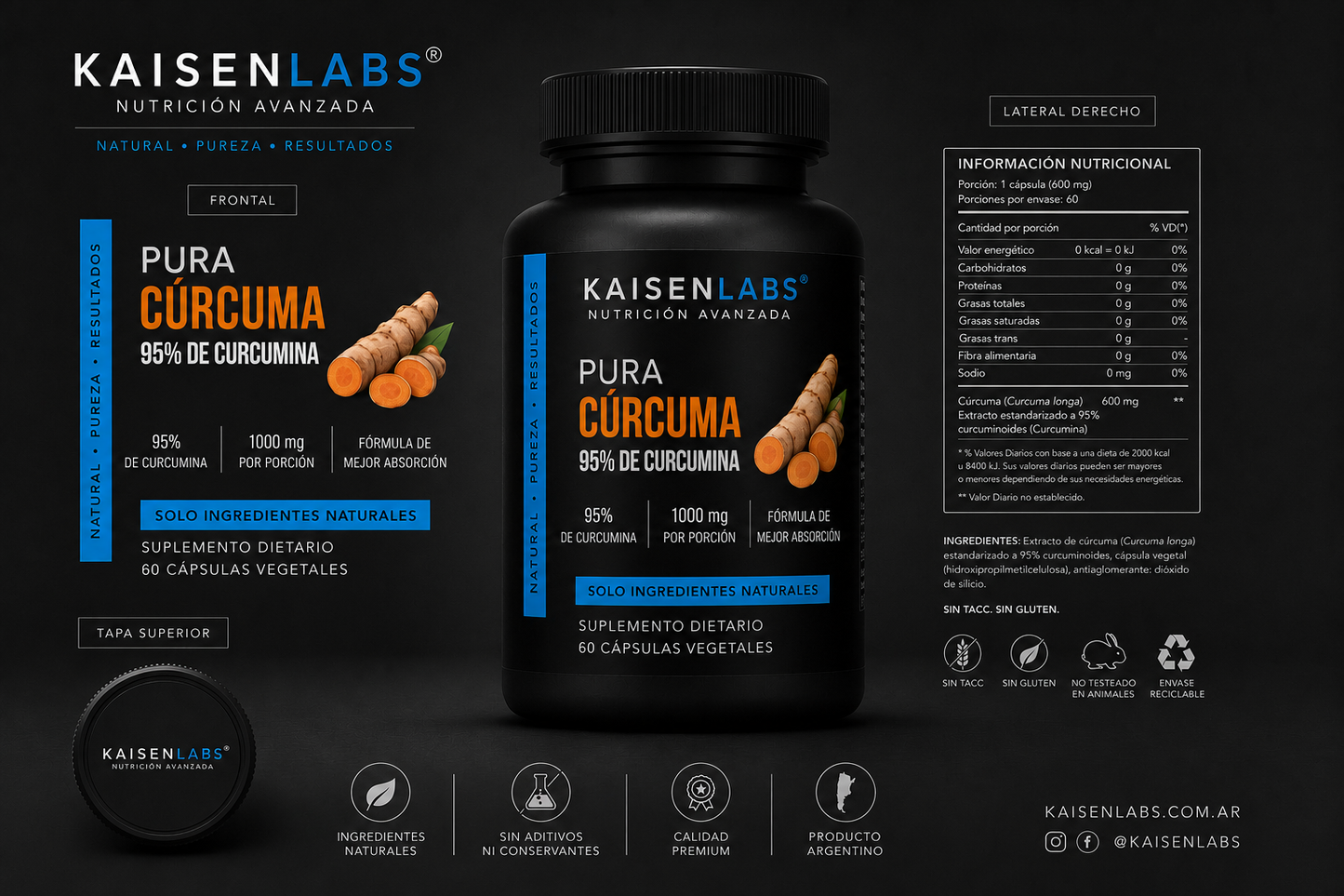 Cápsulas de cúrcuma y curcumina (1000 mg) Premium de Triple Acción Antiinflamatoria